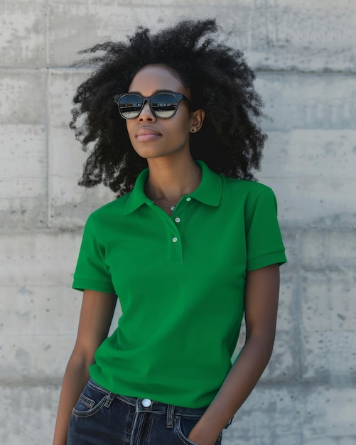 Female model wearing a green polo shirt mockup