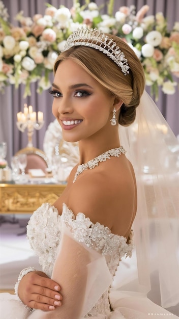 Female model in wedding bridal makeup demonstrating jewelry