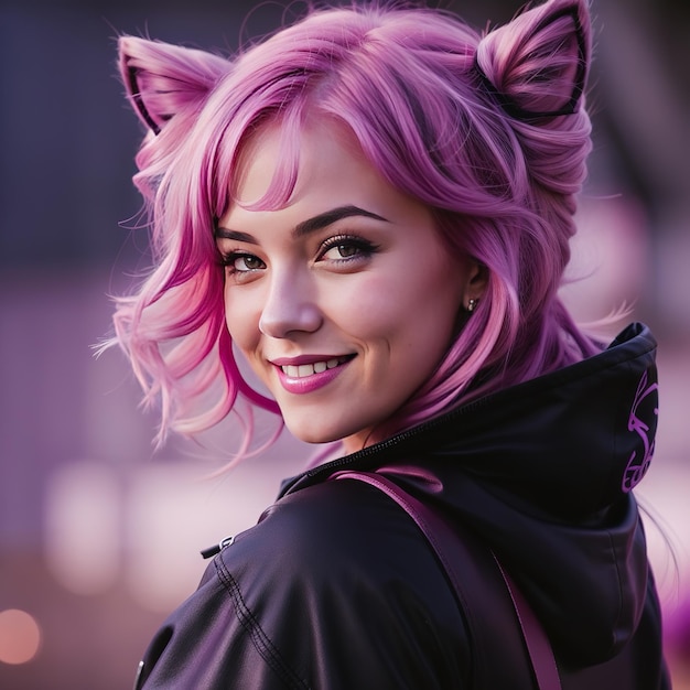 Female model with pink hair smiling at the camera