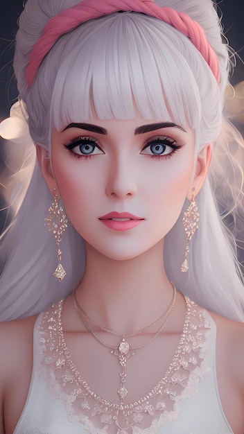 A female model with white hair and a silver beaded necklace.