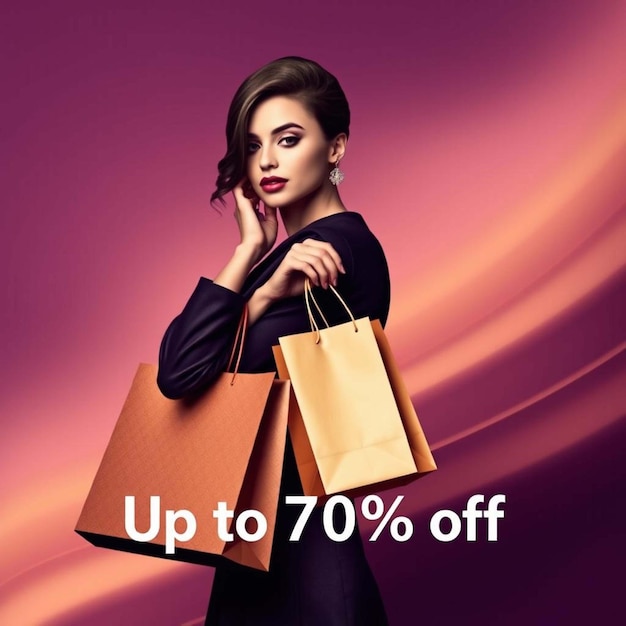 Photo female models smiling woman peeking into the shopping bag adult woman posing with shopping bags abst