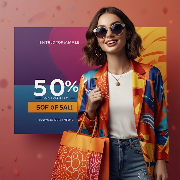 Female Models Smiling woman peeking into the shopping bag Adult woman posing with shopping bags adve