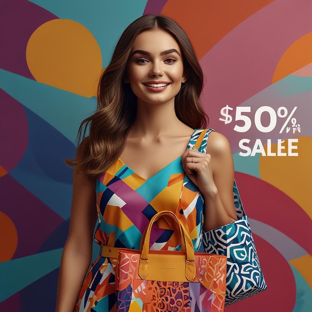 Female Models Smiling woman peeking into the shopping bag Adult woman posing with shopping bags adve