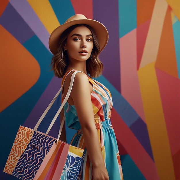 Female Models Smiling woman peeking into the shopping bag Adult woman posing with shopping bags adve