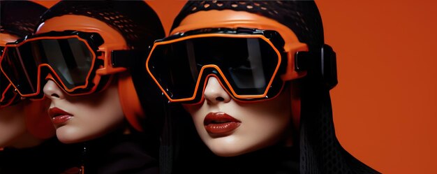 female models wear big glasses and helmet