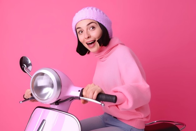 Female moped ride pink Scooter fun Generate Ai