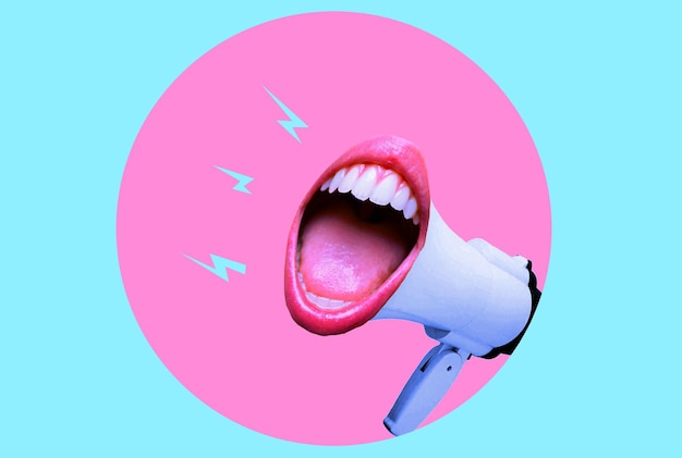 Female mouth screaming with a megaphone in the background Modern design modern creative art collage