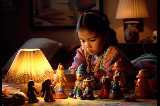 Female Native American child playing with toy in living room Generative AI AIG23