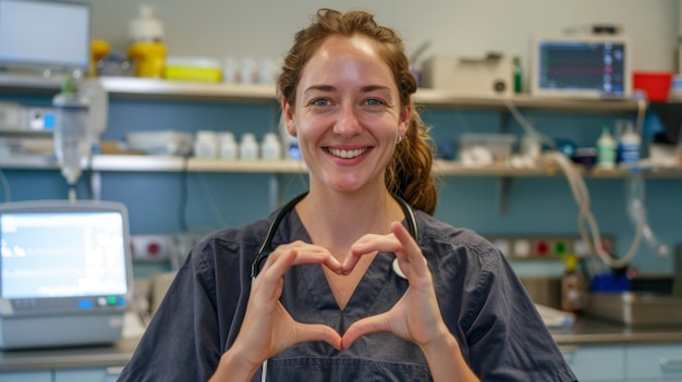 Photo female nurse happily makes heart shape with hands smiling at camera in hospital setting