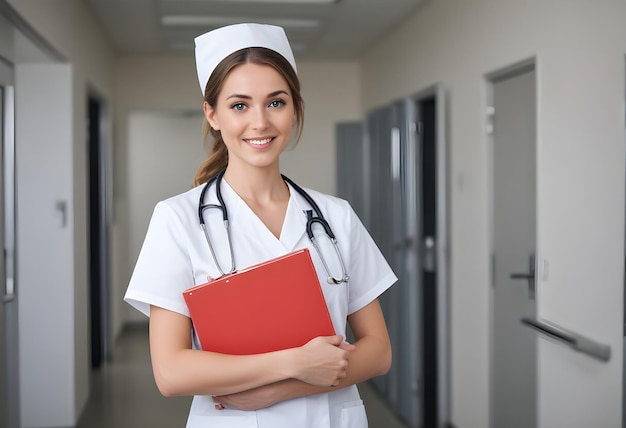 a female nurse holding a red folder in a hallway with a red folder in her hand