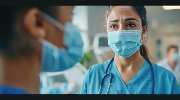 Female nurse puts on her protective mask while talking to a patient in hospital