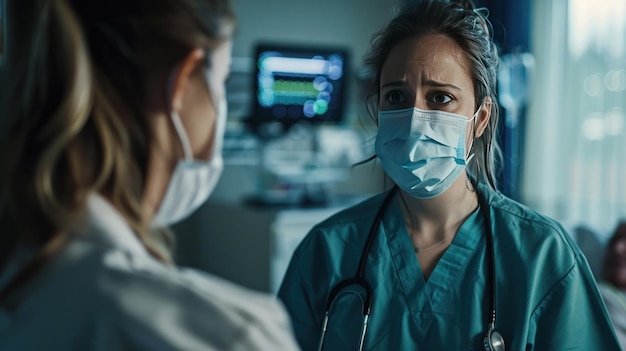 Female nurse puts on her protective mask while talking to a patient in hospital