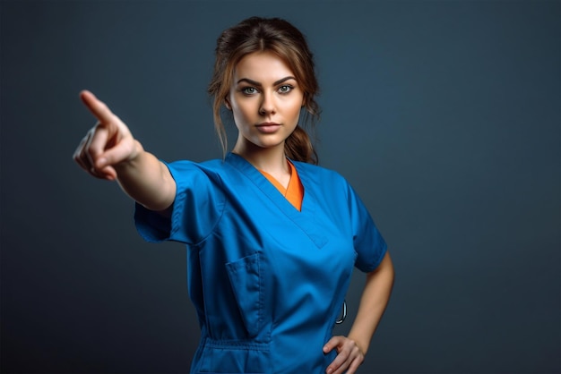 Female nurse standing with hands out pointing gray background