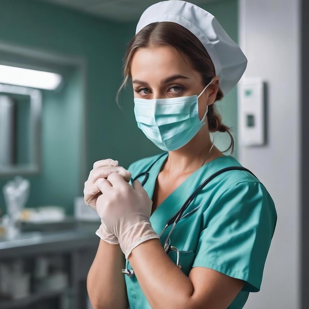 Female nurse with a mask putting on gloves