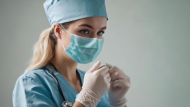 Female nurse with a mask putting on gloves