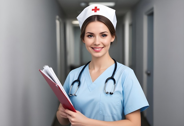 a female nurse with a red stethoscope and a folder of papers