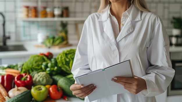 Photo female nutritionist in a lab coat with fresh vegetables holding a notebook in a modern kitchen expertise in dietary planning and healthy eating for optimal wellness