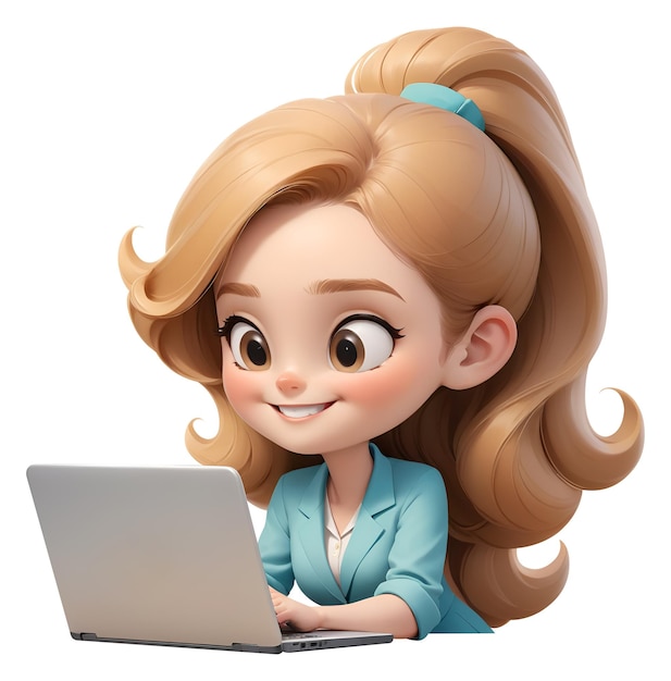 Female office worker 3D character looking at laptop