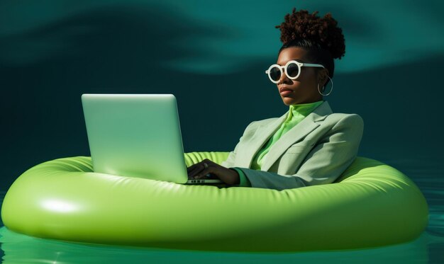 Photo female office worker on a pool float with a laptop working from home