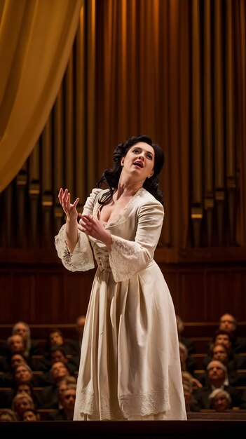 Photo female opera vocalist performing in a traditional concert hall singing an emotional improvisation