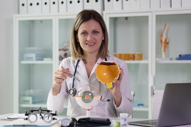 Female ophthalmologist shows an anatomical model of human eye while sitting at table