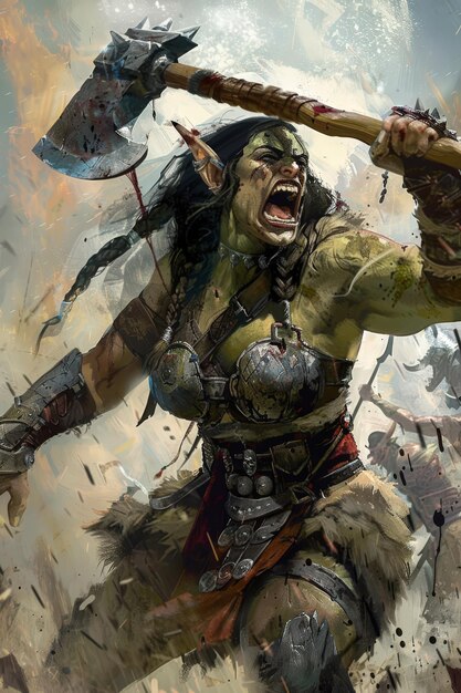 a female orc with a large axe in her hand