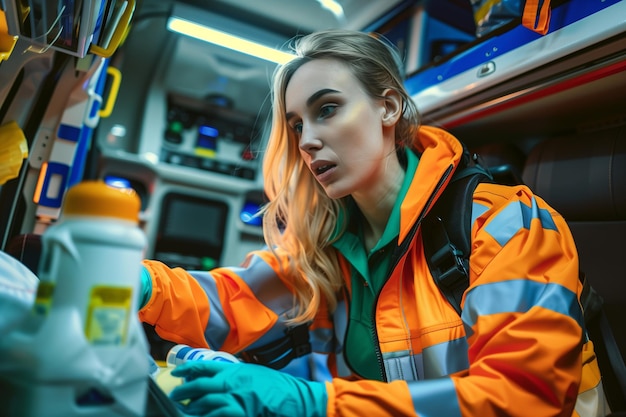 Female paramedic with patient Women Doctor emergency or paramedic are work with a patient while he lies on a stretcher in an ambulance