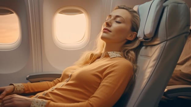 Female passenger dozing off on her seat during a lengthy transatlantic journey Generative AI commercial air transportation