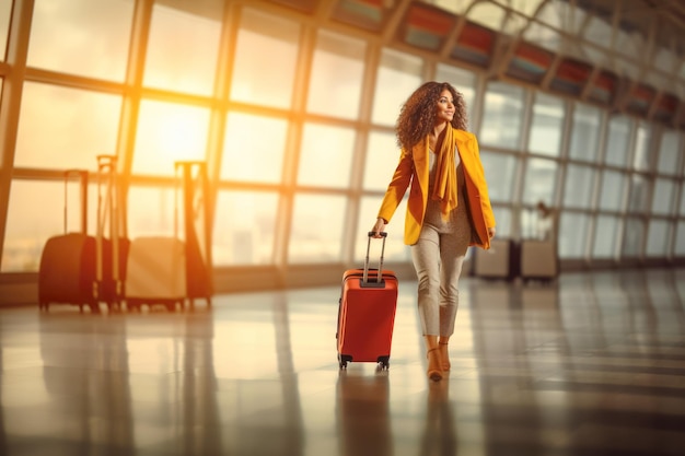 A female passenger ready for her vacation standing at the departure gate with her baggage and suitcase