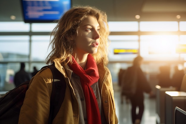 Photo a female passenger standing at the airport bokeh style background