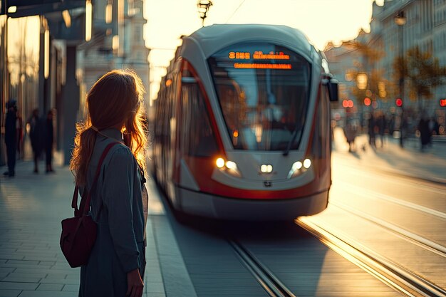 Female passenger and tram in the city