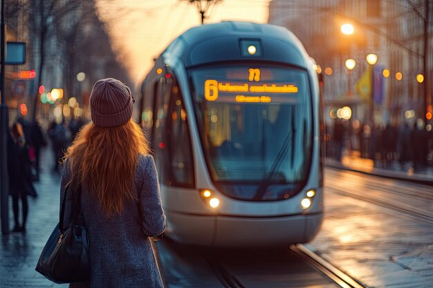 Female passenger and tram in the city