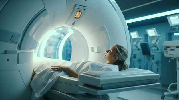 Female patient lying on CT scan generative ai