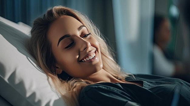 A female patient lying satisfied smiling at modern hospital patient bed health medical Generative Ai