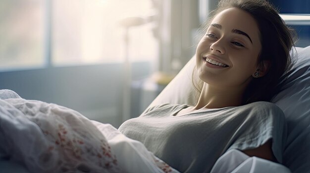 A female patient lying satisfied smiling at modern hospital patient bed