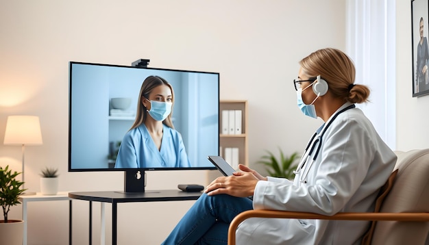 Photo female patient in a video conference from home with her doctor isolated with white highlights