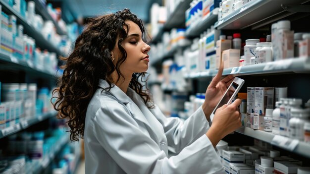 Photo female pharmacist or healthcare professional taking inventory or reviewing a clipboard in a pharmacy with shelves stocked with various medications