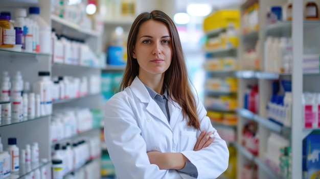 Female pharmacist talks about medical products in the pharmacy