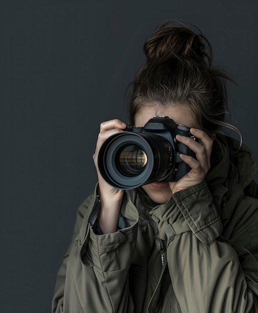 A female photographer capturing a moment with a professional DSLR and zoom lens on dark gray background