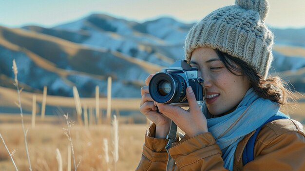 Female photographer focuses intently on perfect mountain shot image copy space ai generated