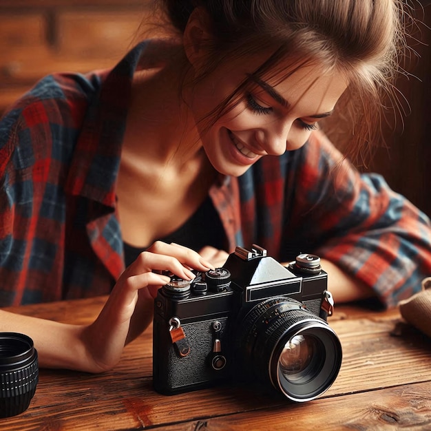 A female photographer smiling cheerfully while working at her desk World photography day concept