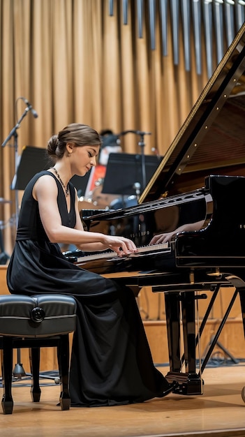 Female Pianist Playing Music Performing Classical Compositions on Stage