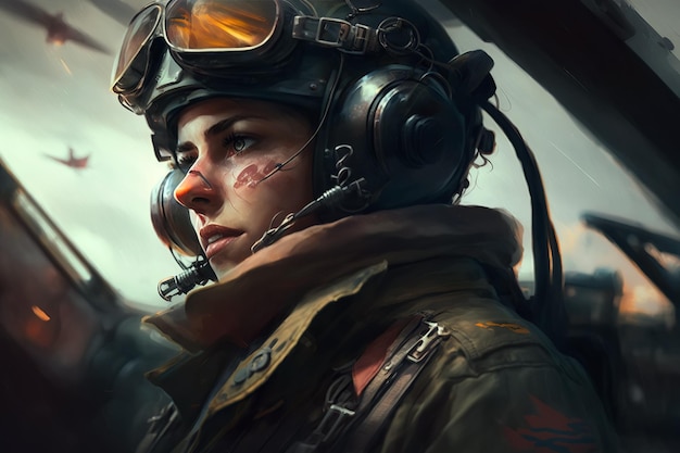 Female pilot in cockpit of a military aircraft in a air fight in the war Generative AI illustration