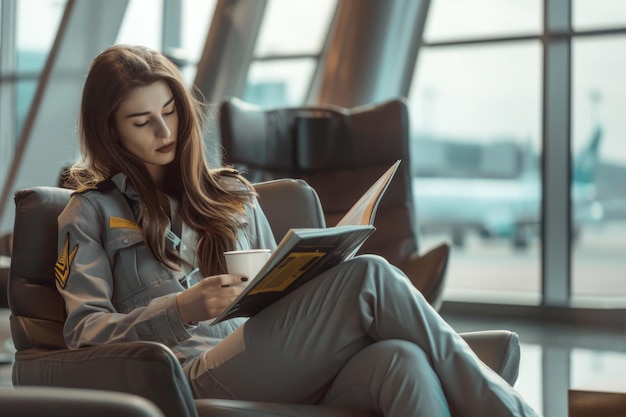 Photo female pilot relaxing in airport lounge before flight