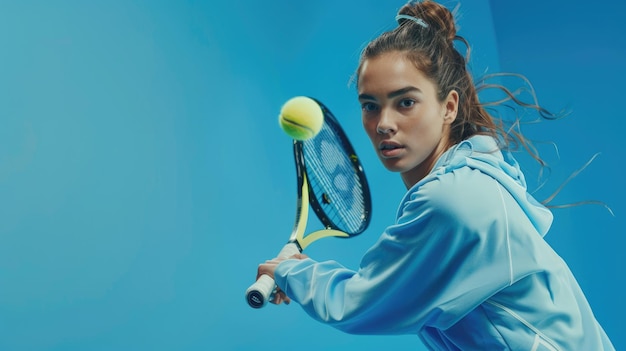 Photo a female playing tennis blue background commercial look ar 169 style raw job id 4cff36330a23427b9b43