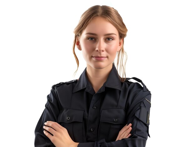 Photo female police officer labour day on white background copy space layout