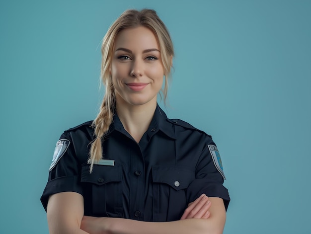 Photo female police officer labour day on white background copy space layout