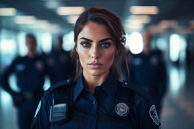 a female police officer in a uniform with the word police on the front