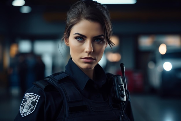 a female police officer wearing a black uniform with the word police on it