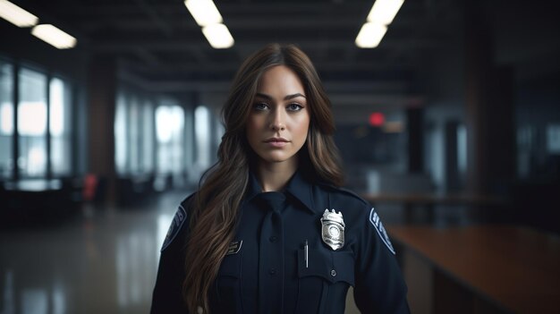 Photo a female police officer with a badge on her neck